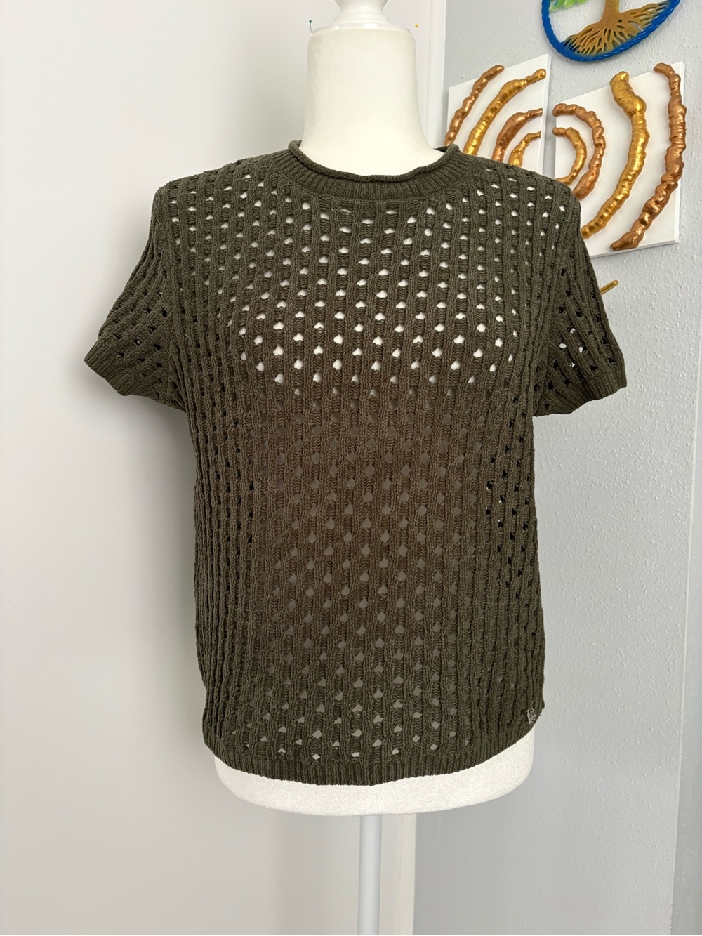 DKNY Olive Green Open-Knit Short Sleeve Top